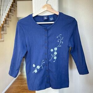Hunt Club Y2K Blue Embroidered Clover Cardigan S Cottage Grandma Sweater